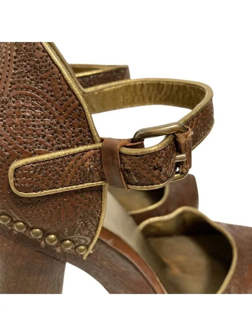 Prada Flower Embroidery Wood Sole Ankle Strap Pumps 37.5 Equivalent Brown